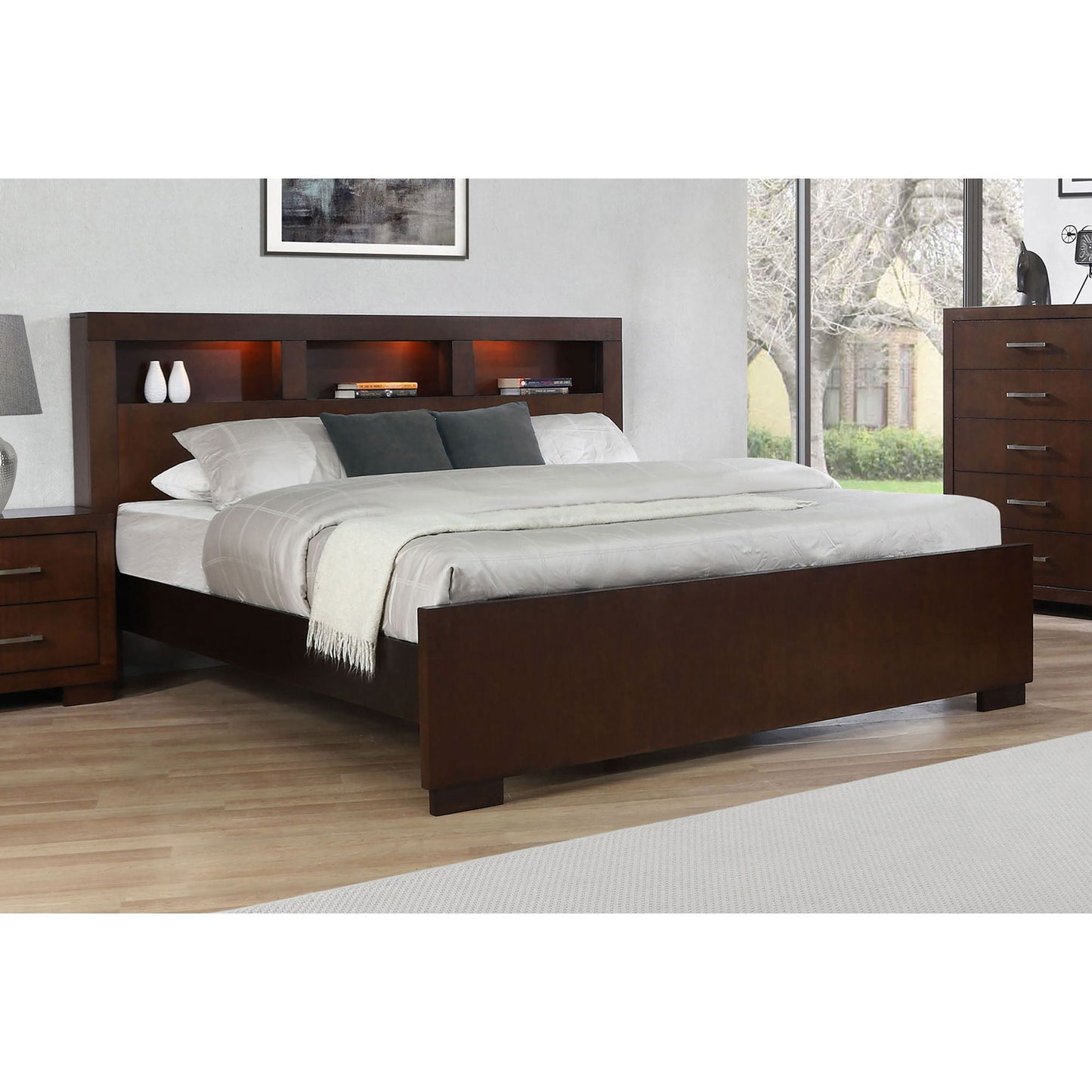 Ardino California King Bed with bookcase headboard cappuccino finish built-in storage on Tampa Home & Garden Store