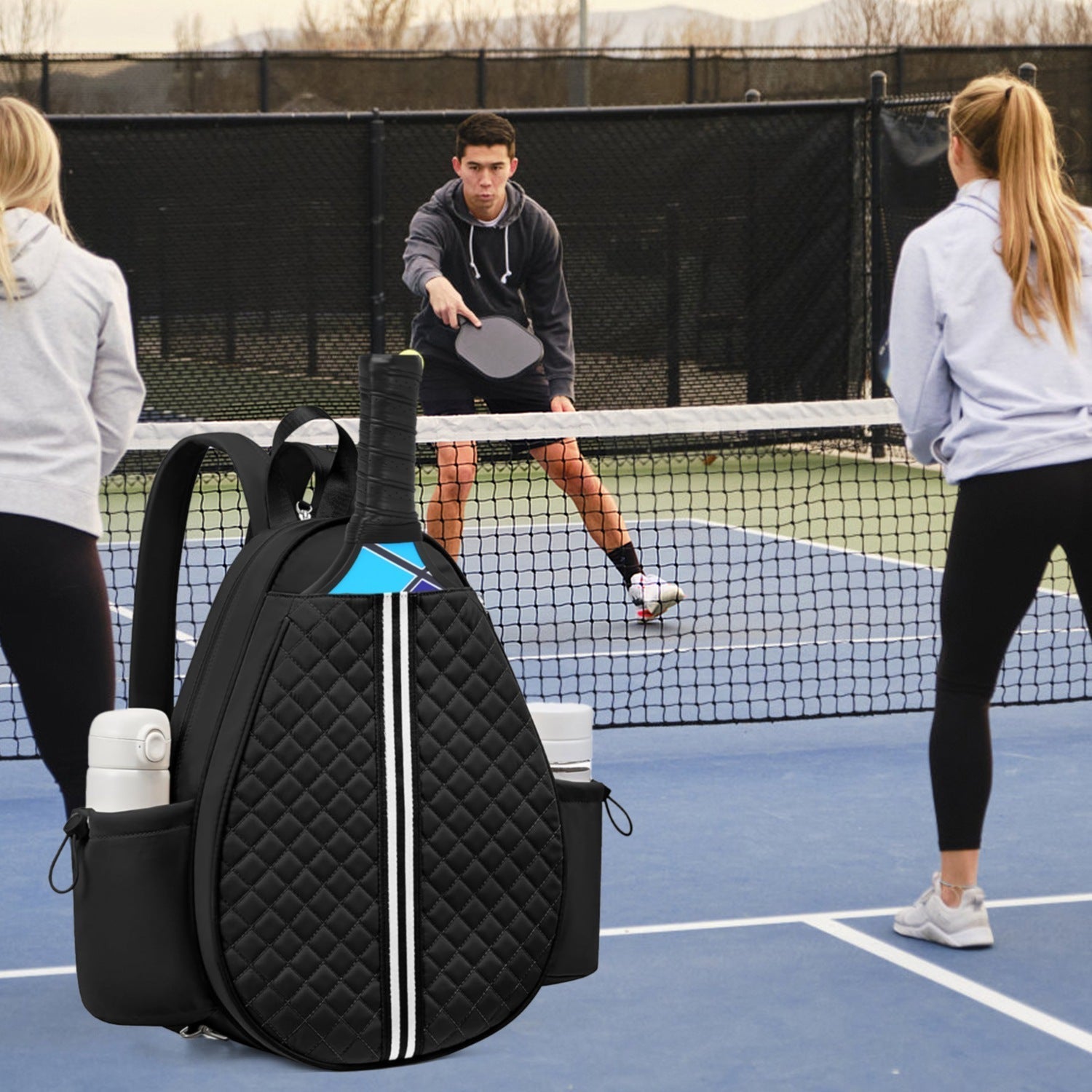 GemGear pickleball sling bag, black quilted waterproof backpack with wet pocket and fence hook on Tampa Home & Garden Store