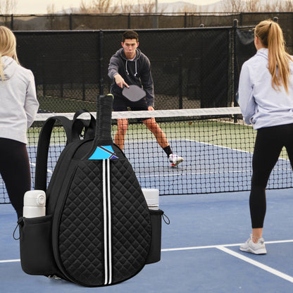 GemGear pickleball sling bag, black quilted waterproof backpack with wet pocket and fence hook on Tampa Home & Garden Store