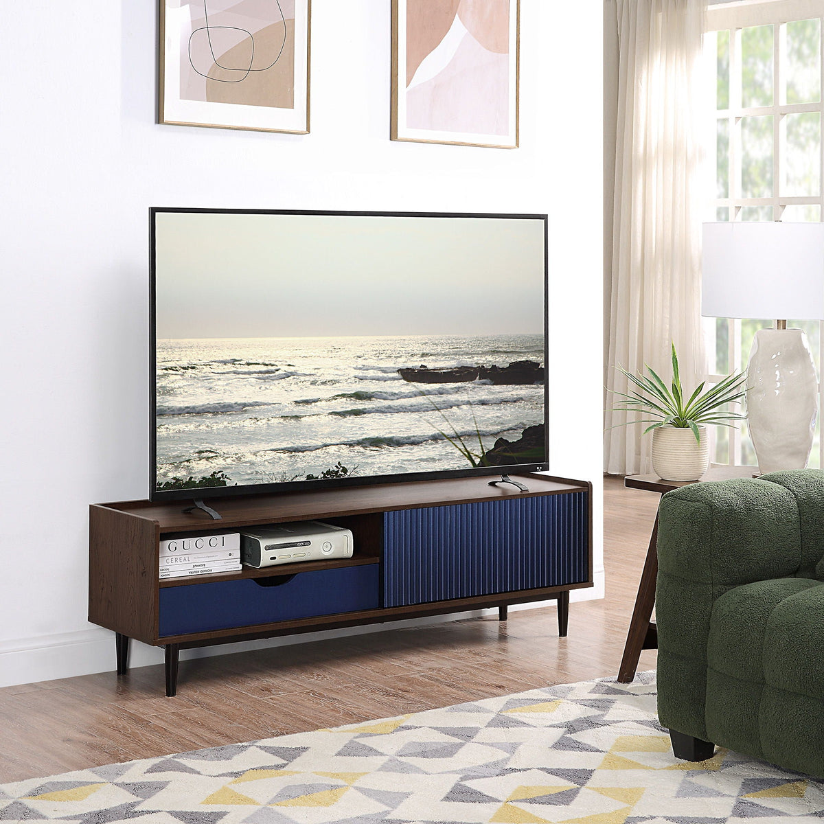 Fluted TV Stand with Sliding Door blue front panels, wood frame by HouseOfZazla on Tampa Home & Garden Store