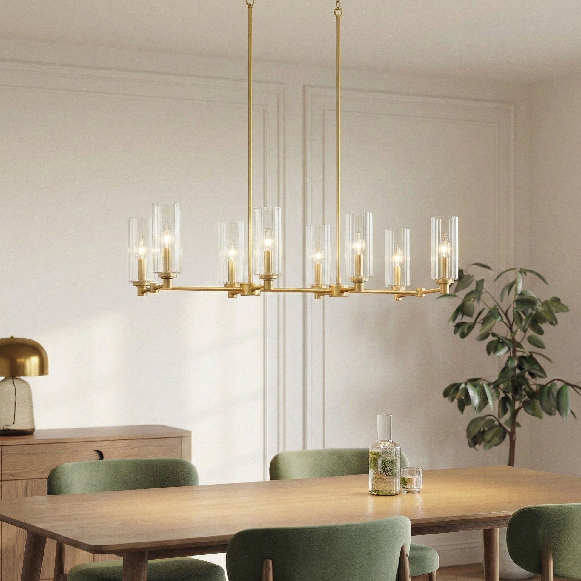 Willow 8-Light Island Pendant with clear ribbed glass shades in antique brass satin finish on Tampa Home & Garden Store