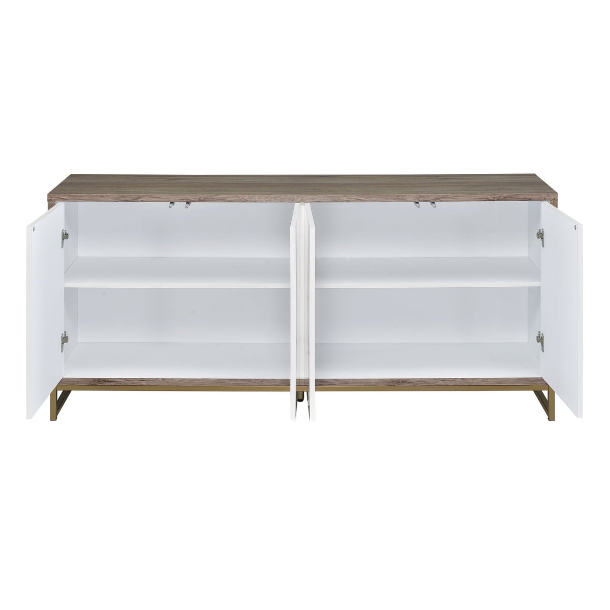 Paavan console cabinet with white interior and wood top, champagne legs, dual storage cabinets on Tampa Home & Garden Store