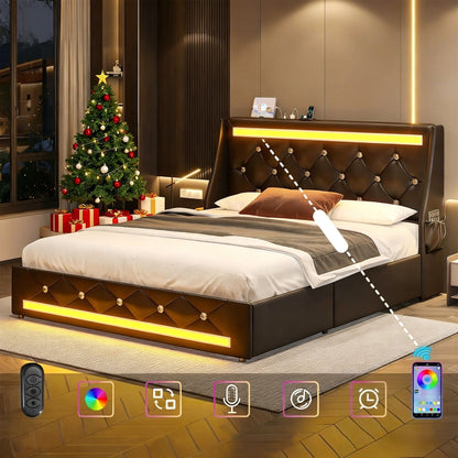 Wingback Upholstered Bed Frame Led and Usb