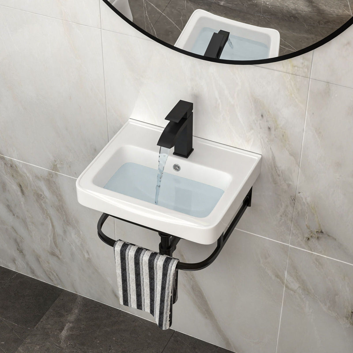 Wall mounted vanity sink with black matte faucet, white basin and overflow on marble wall on Tampa Home & Garden Store
