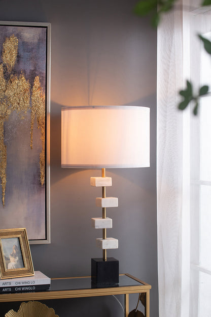 D15x30' Table Lamp with White Marble and Brass Frame, marble cubes on stem with white shade on Tampa Home & Garden Store
