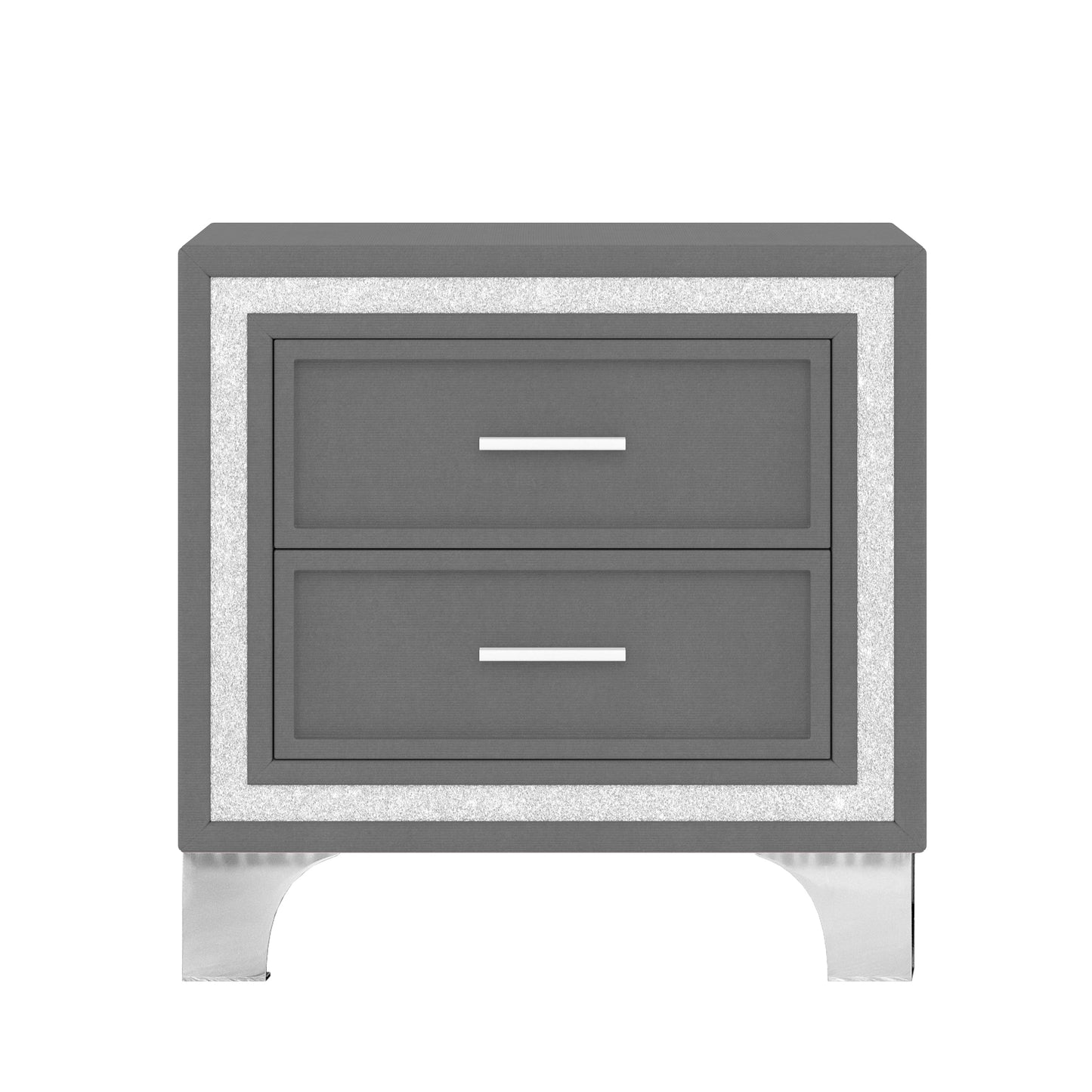 Upholstered gray dresser front with silver trim and single chrome handle on Tampa Home & Garden Store
