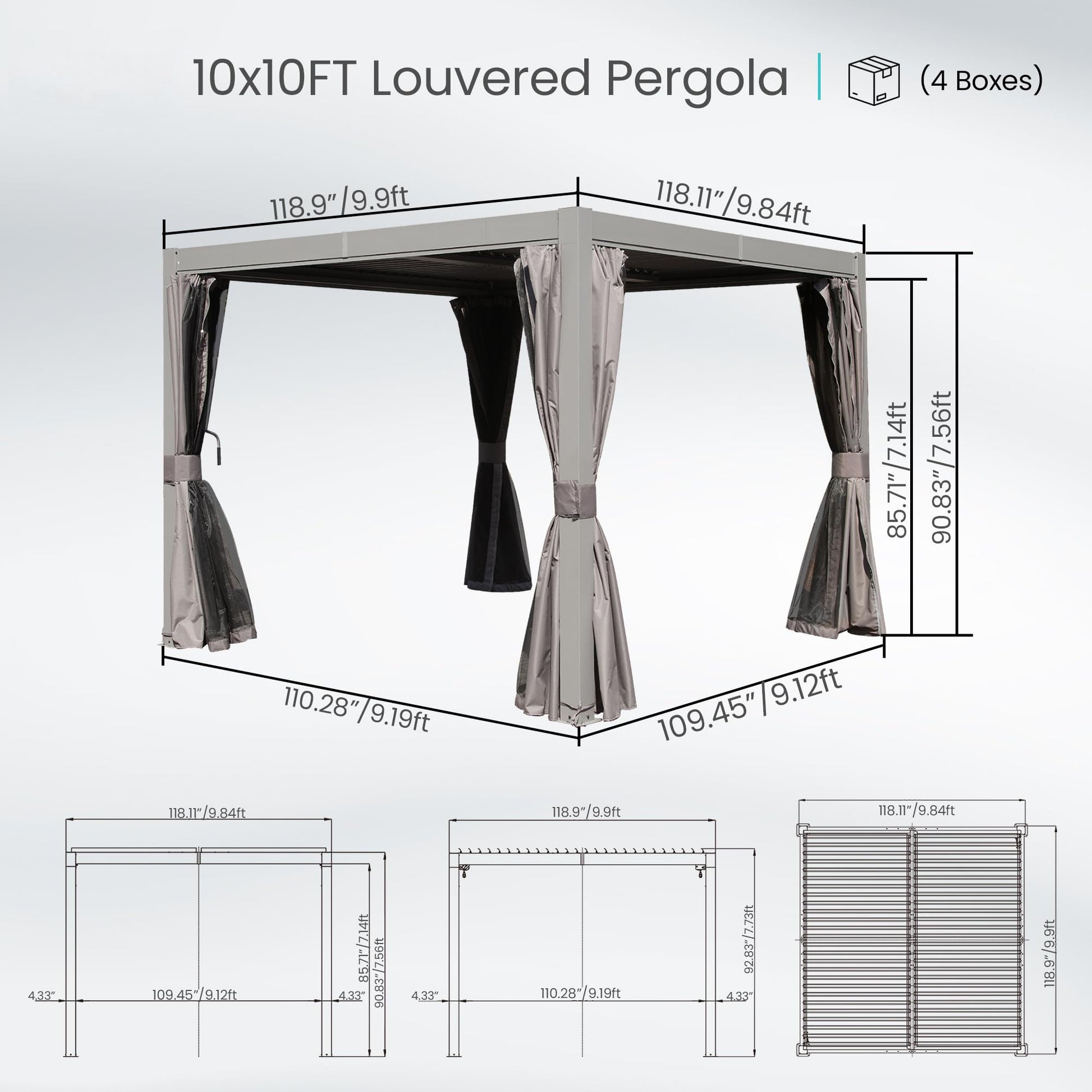 10x10 ft louvered pergola by HouseOfZazla with adjustable louvers, gray frame, 4 boxes on Tampa Home & Garden Store