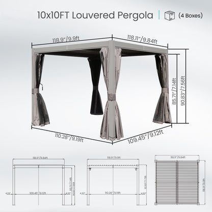 10x10 ft louvered pergola by HouseOfZazla with adjustable louvers, gray frame, 4 boxes on Tampa Home & Garden Store