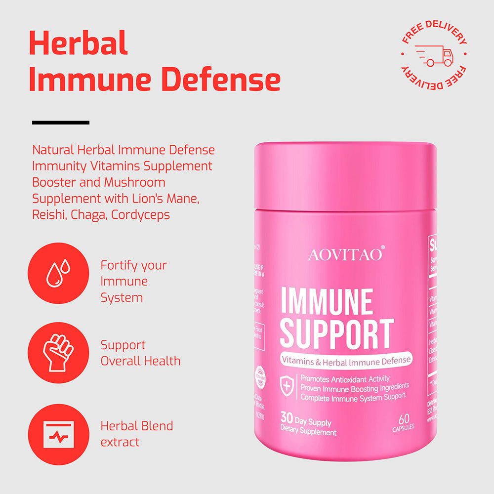 Immune Support dietary supplement bottle in pink with AOVITAO branding, 60 capsules on Tampa Home & Garden Store