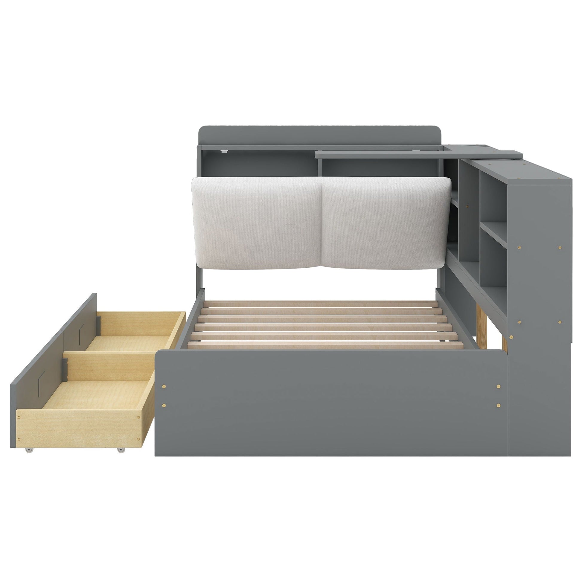 HouseOfZazla platform bed with storage headboard, shelves, and 2 drawers in gray on Tampa Home & Garden Store