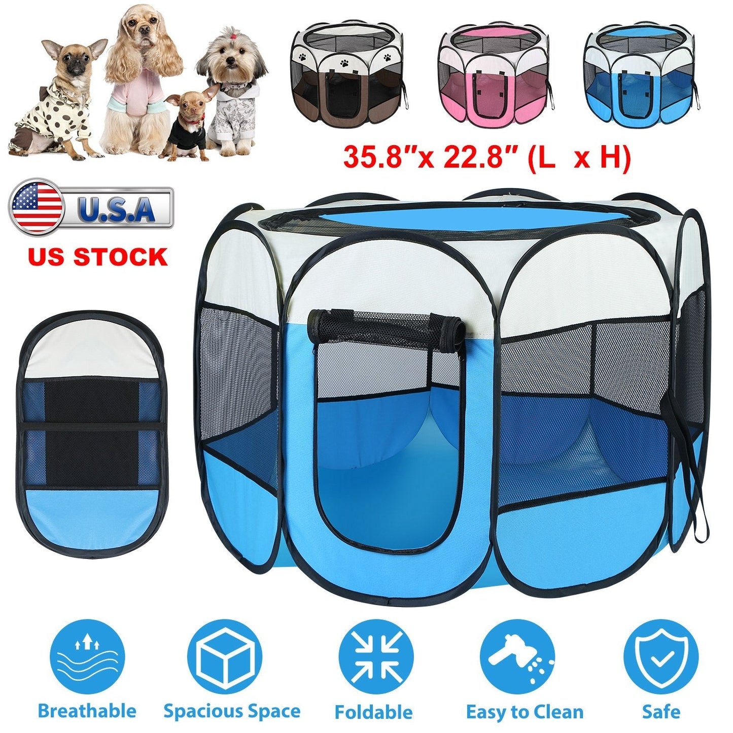Portable Foldable Pet Tent Pen by GemGear blue and white with mesh panels for indoor outdoor use on Tampa Home & Garden Store