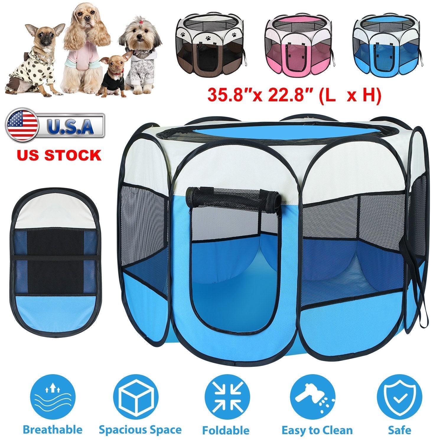 Portable Foldable Pet Tent Pen by GemGear blue and white with mesh panels for indoor outdoor use on Tampa Home & Garden Store