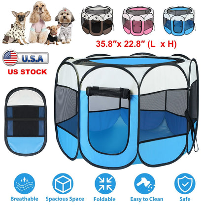 Portable Foldable Pet Tent Pen by GemGear blue and white with mesh panels for indoor outdoor use on Tampa Home & Garden Store