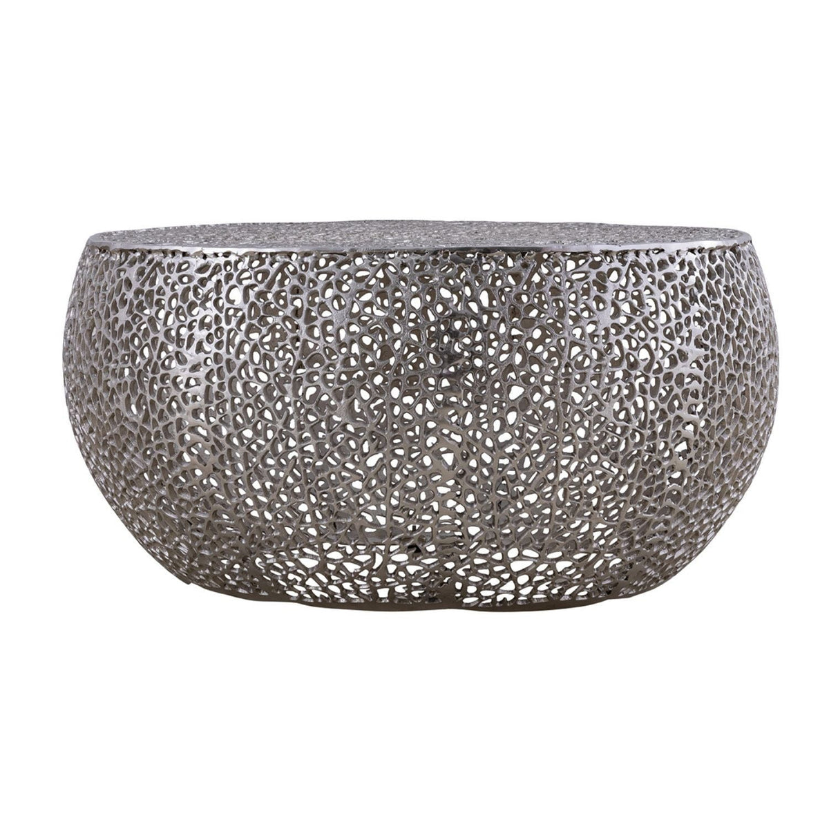 Round coffee table with aluminum frame in pearl silver finish and perforated lattice, HouseOfZazla on Tampa Home & Garden Store