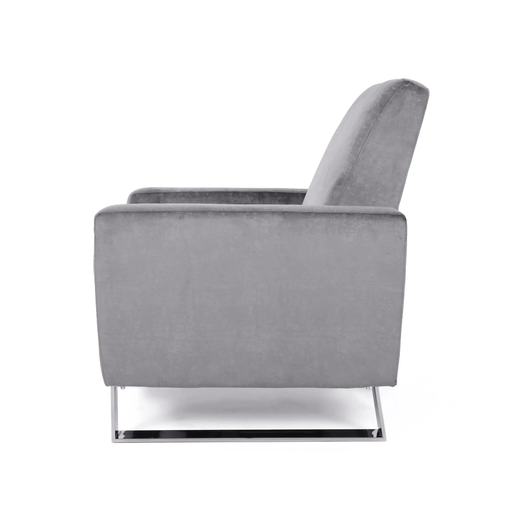 Bolt upholstered recliner chair with chrome stainless steel base in gray fabric on Tampa Home & Garden Store