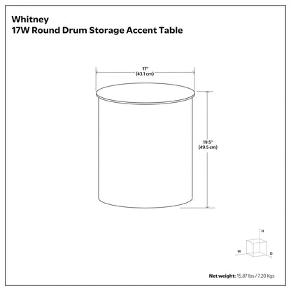 Whitney round drum-top metal storage table, 17in dia, 19.5in high, Unique Piece Furniture on Tampa Home & Garden Store