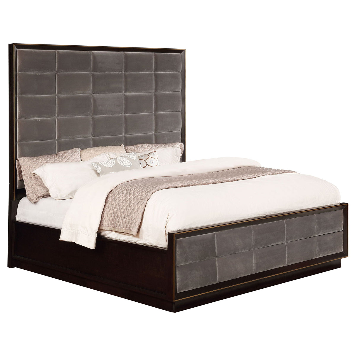 Drea panel bed by HouseOfZazla with gray tufted headboard and dark wood frame on Tampa Home & Garden Store