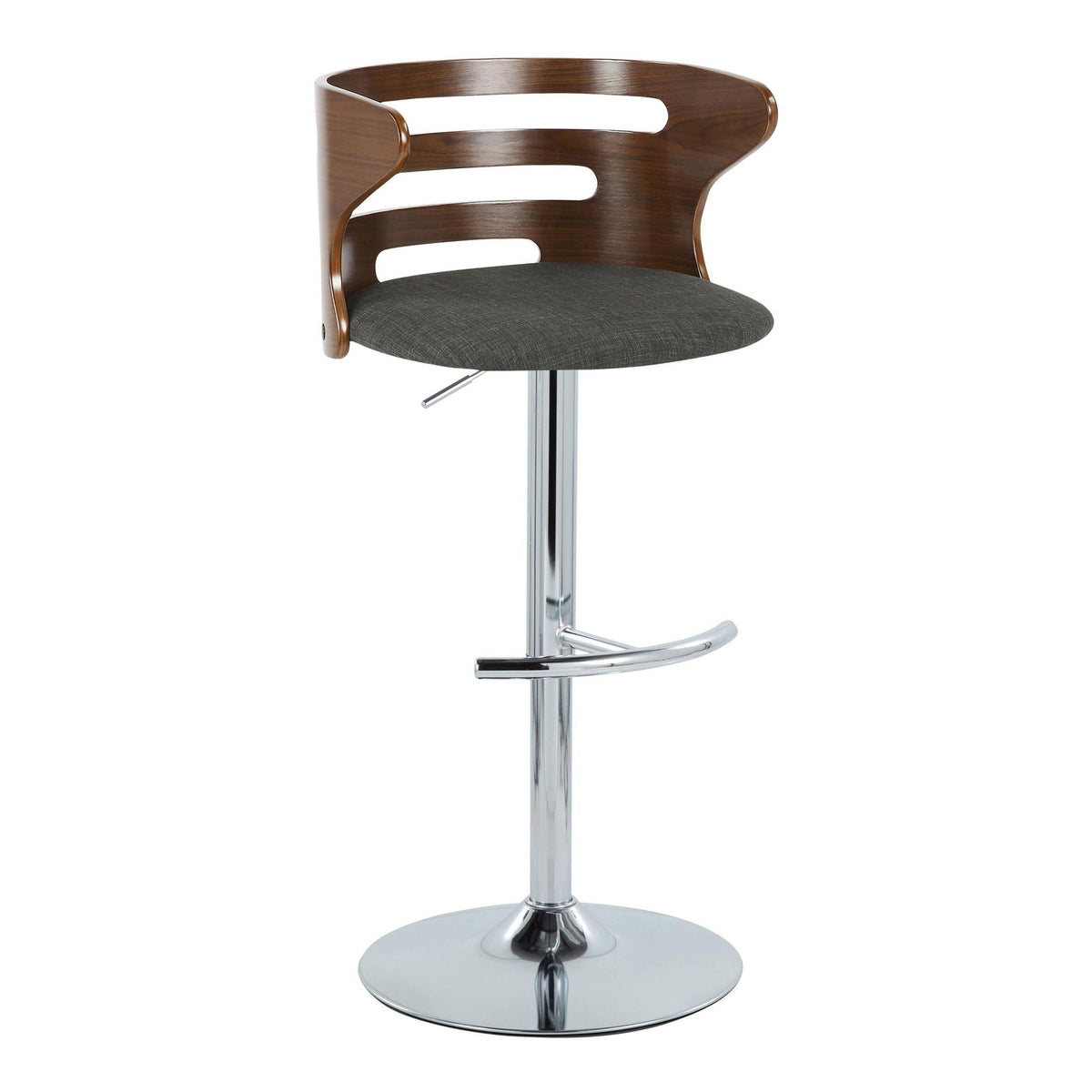 Mid Century Modern adjustable barstool with swivel, rounded T footrest, dark back and seat on Tampa Home & Garden Store