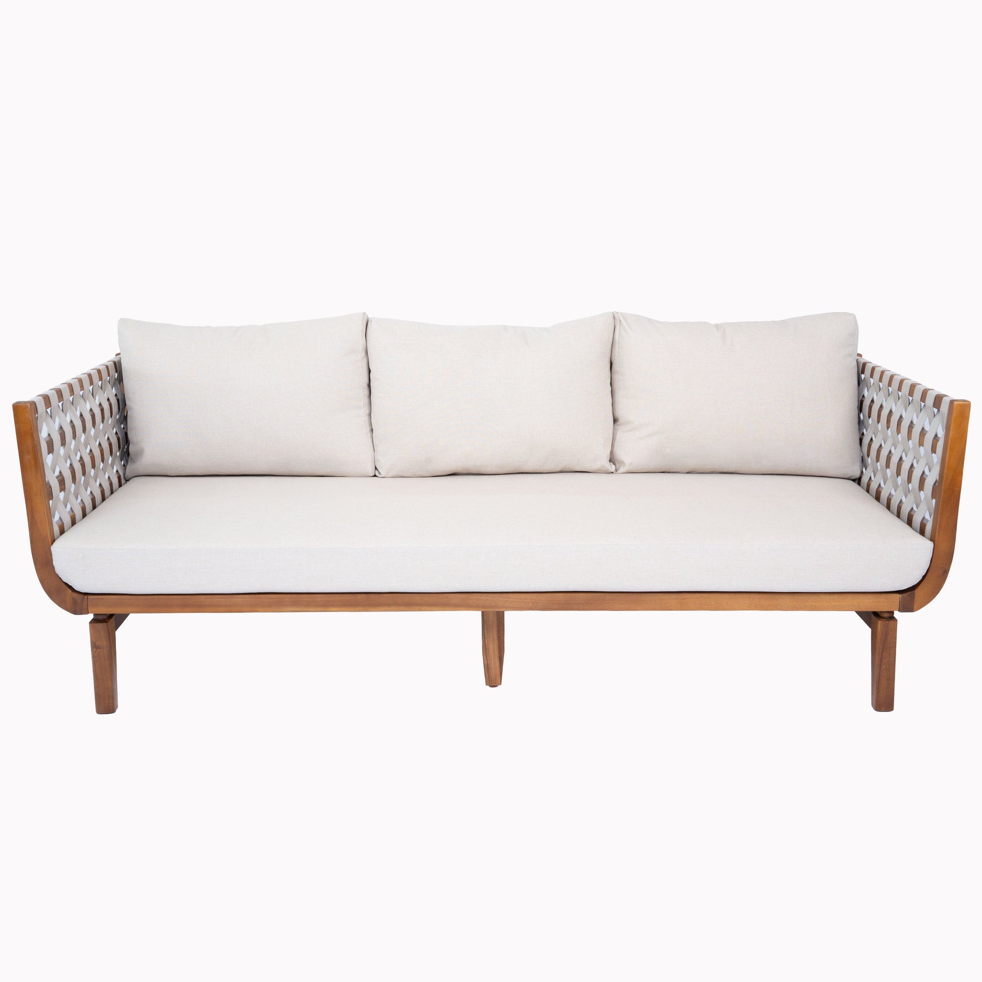 4 Pcs Outdoor Patio Furniture Set beige cushions with wooden frame and woven lattice arms on Tampa Home & Garden Store