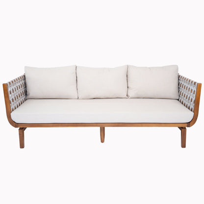 4 Pcs Outdoor Patio Furniture Set beige cushions with wooden frame and woven lattice arms on Tampa Home & Garden Store