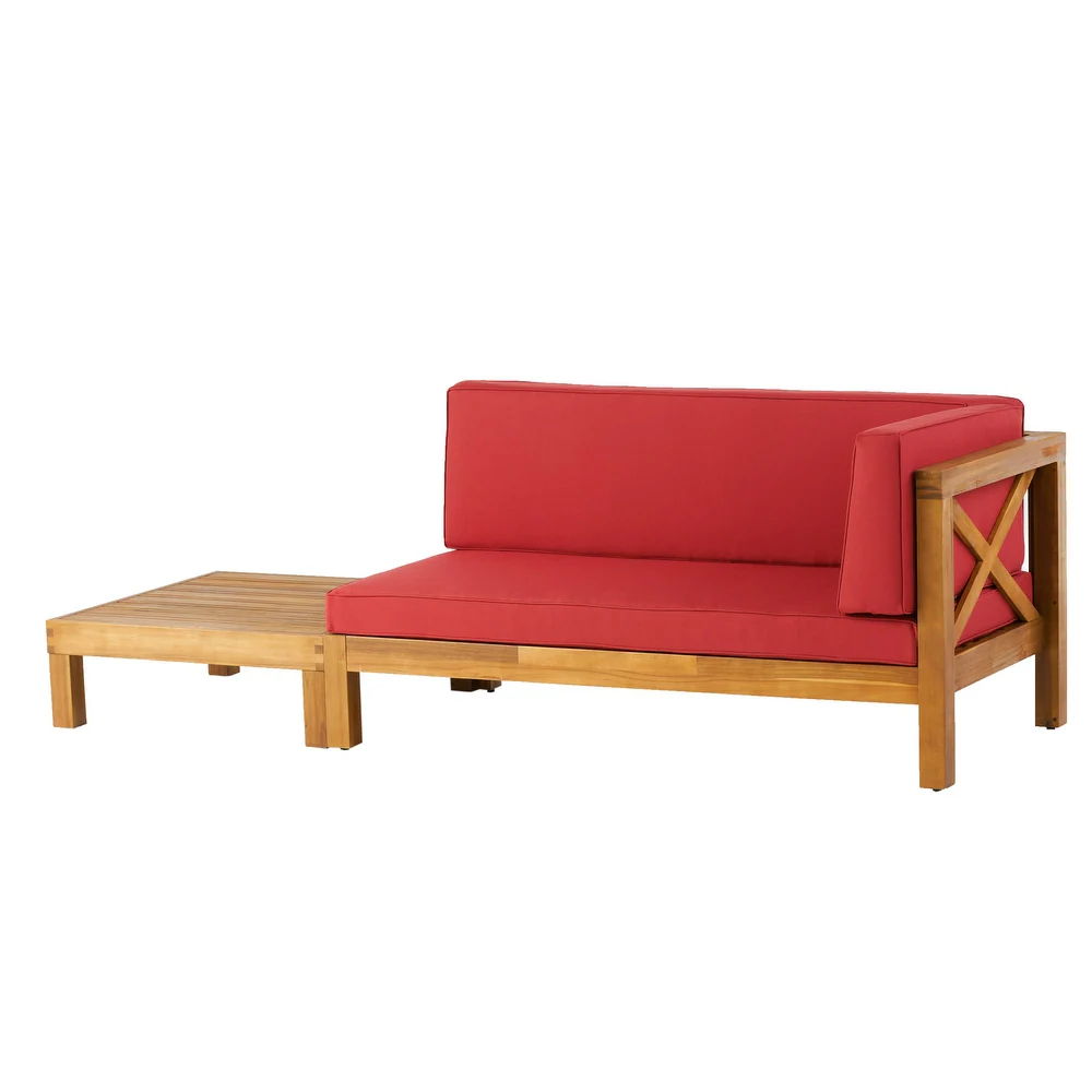 Brava X Back Corner Bench with Coffee Table, red cushions, wooden frame, 2pc outdoor set on Tampa Home & Garden Store