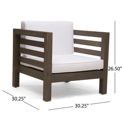 Outdoor acacia wood patio arm chair with white fabric cushions on Tampa Home & Garden Store