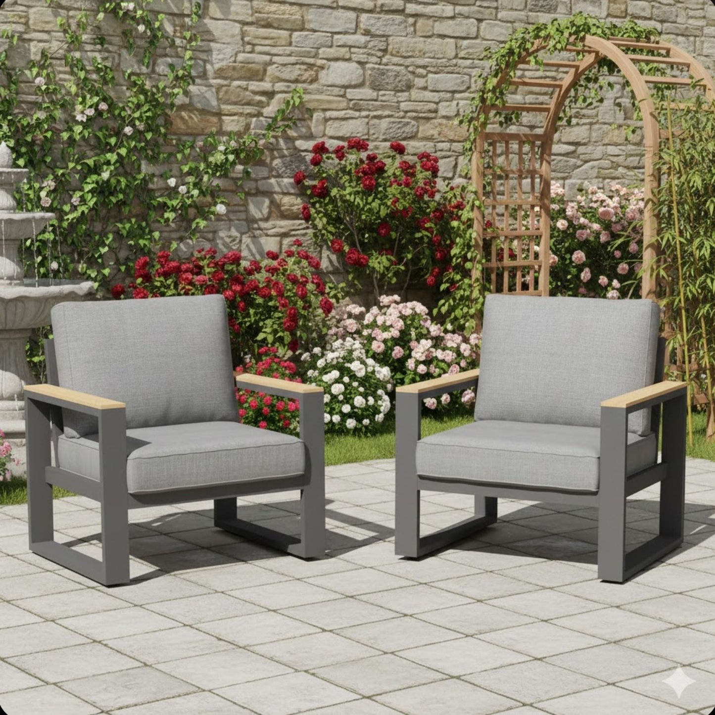 All-Weather Patio Armchairs With Thick Cushions Set of 2, grey metal frames on patio on Tampa Home & Garden Store