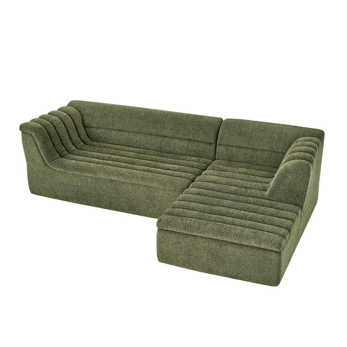 Upholstered L-shaped modular sofa with chaise in olive fabric with wave-shaped armrests on Tampa Home & Garden Store