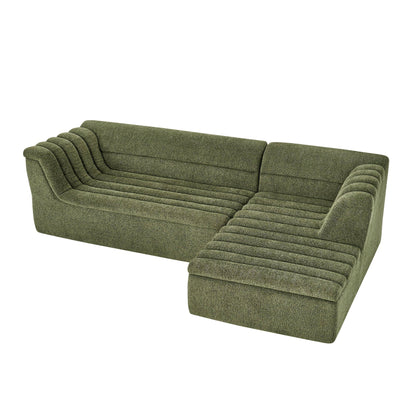 Upholstered L-shaped modular sofa with chaise in olive fabric with wave-shaped armrests on Tampa Home & Garden Store