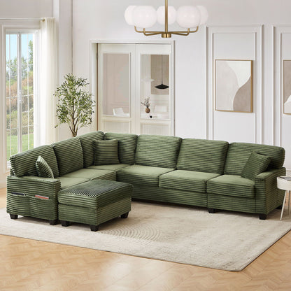 Green ribbed U-shaped sectional sofa with movable ottomans and side storage pockets on Tampa Home & Garden Store