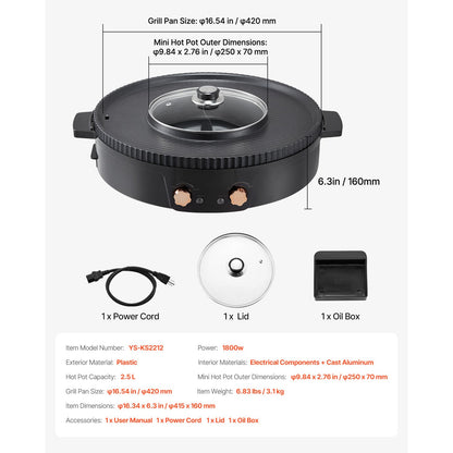 Hot Pot with Grill 1800W 2-in-1 smokeless electric grill pot black plastic HouseOfZazla on Tampa Home & Garden Store