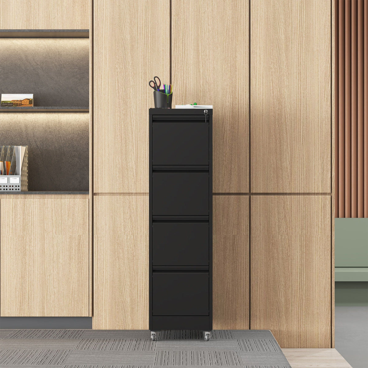 Metal vertical file cabinet with locking drawers and wheels in black by HouseOfZazla on Tampa Home & Garden Store