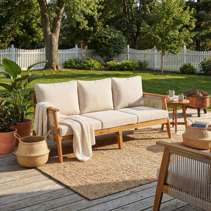 3 Seater Acacia and Rope Outdoor Patio Sofa