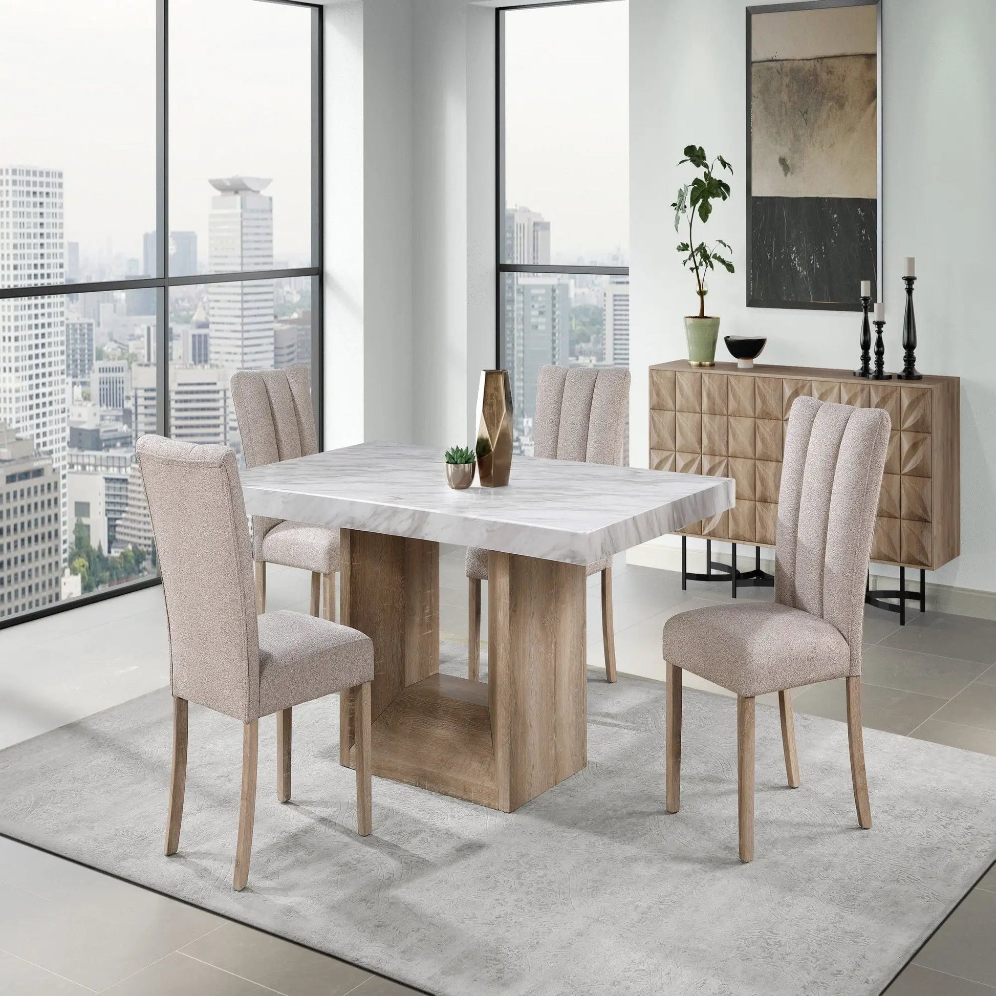 Sheena dining table marble top with wood base, six chairs on Tampa Home & Garden Store