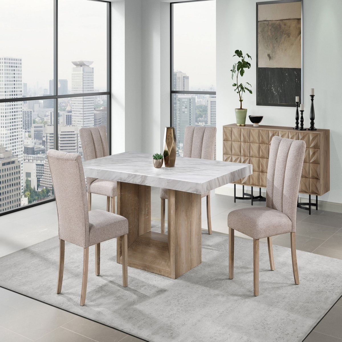 Sheena dining table with faux marble top white/gray and wooden base; beige chairs on Tampa Home & Garden Store