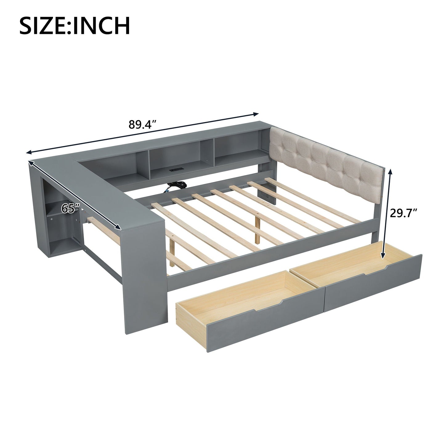 Upholstered storage bed by HouseOfZazla in gray with shelves, drawers and charging station on Tampa Home & Garden Store