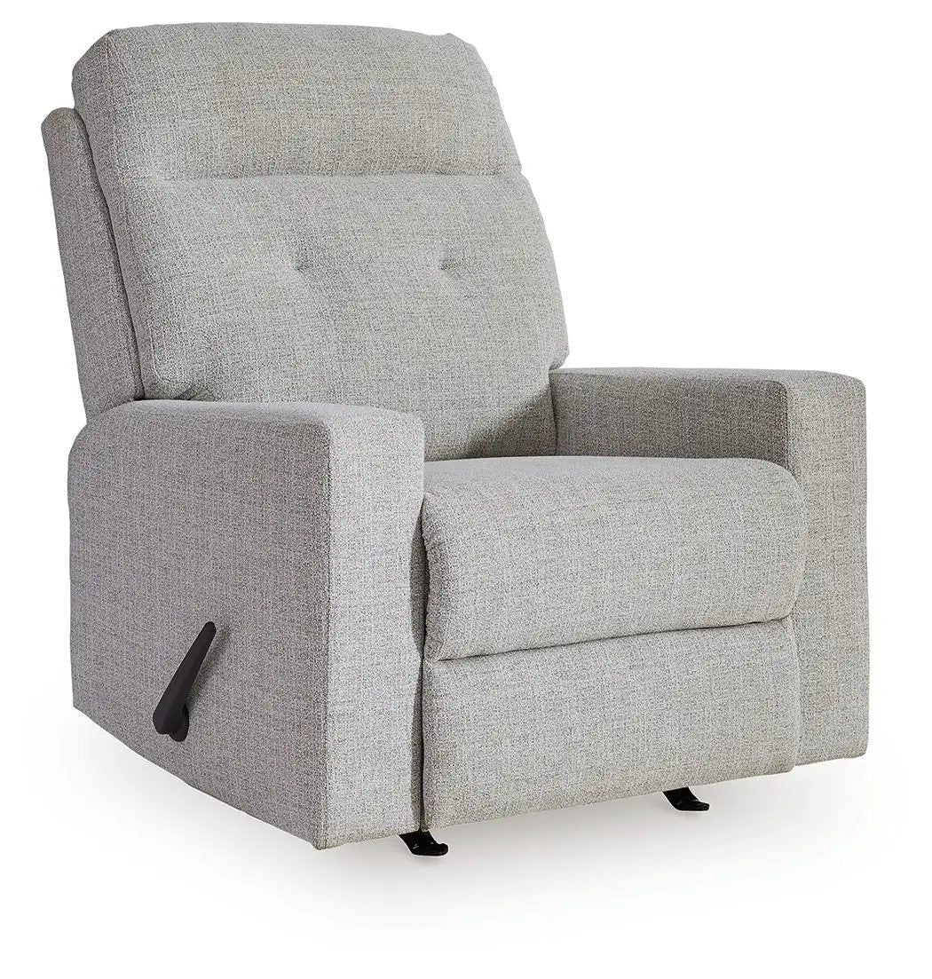 Rocker Recliner Skillins in stone gray fabric with tufted back and padded arms, side lever on Tampa Home & Garden Store