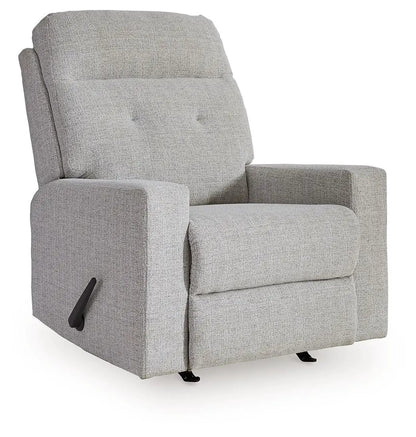Rocker Recliner Skillins in stone gray fabric with tufted back and padded arms, side lever on Tampa Home & Garden Store