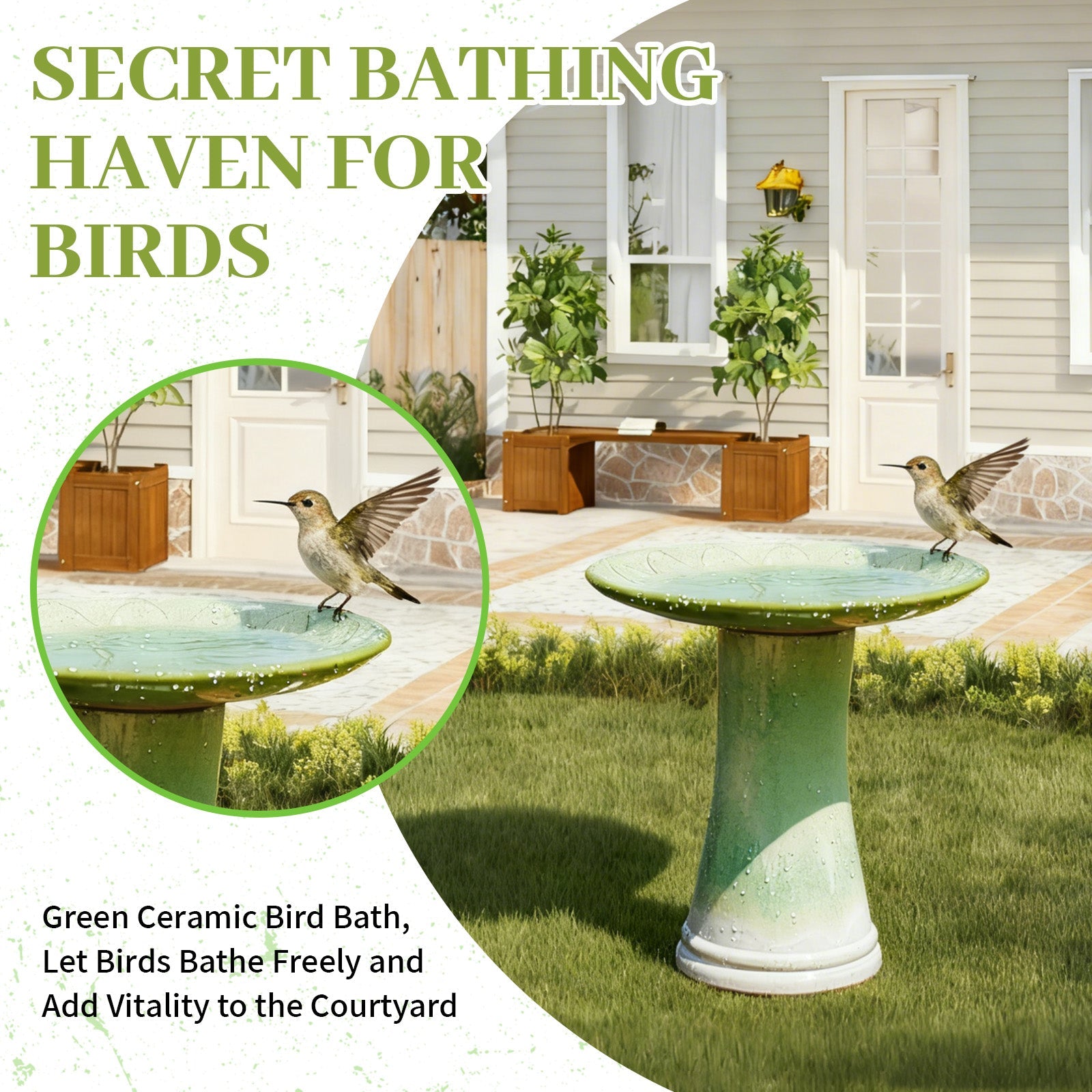 Handmade glazed ceramic bird bath with daisy-petal embossed tray, green glaze, HouseOfZazla on Tampa Home & Garden Store