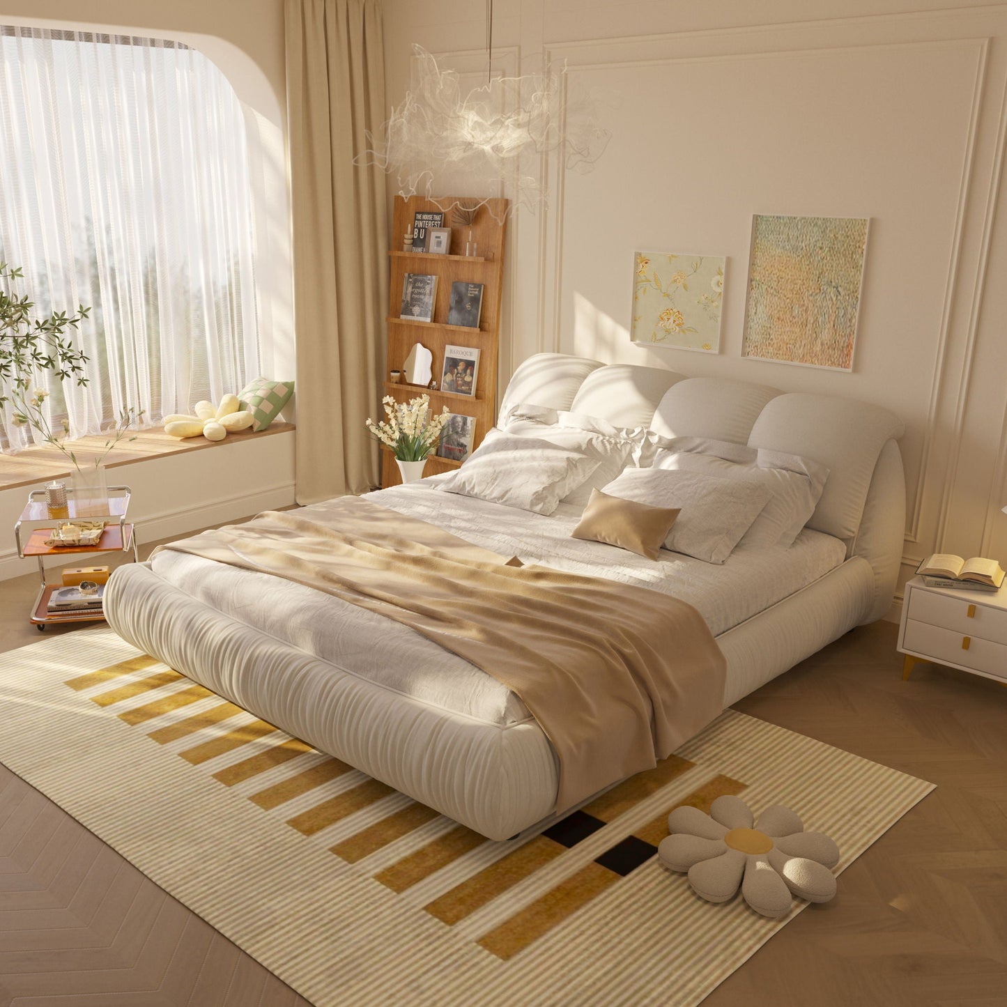 Two beige upholstered platform beds with solid wood frames on Tampa Home & Garden Store