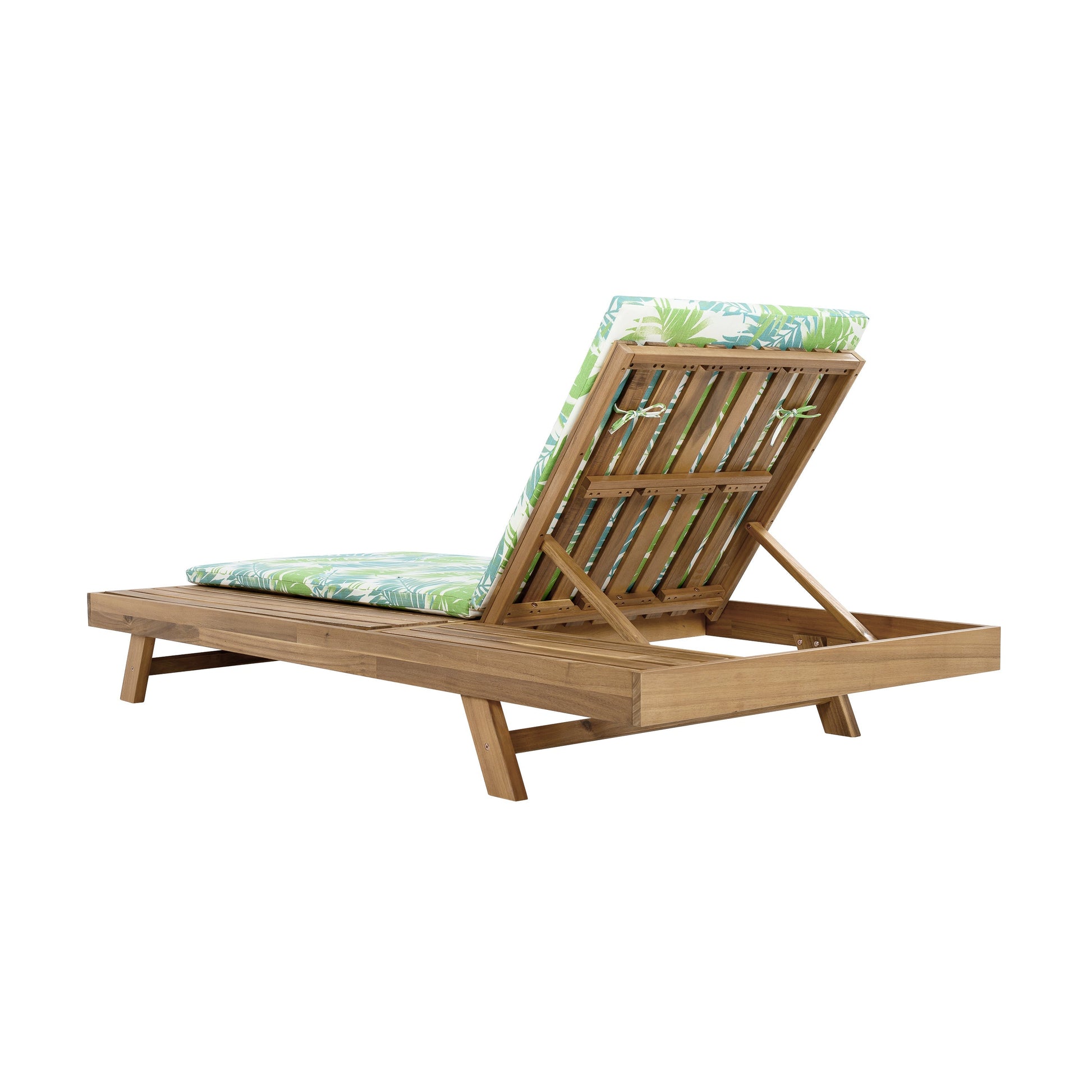 Lounge Chaise in brown acacia wood with leaf coconut cushions 2in thick, water resistant on Tampa Home & Garden Store
