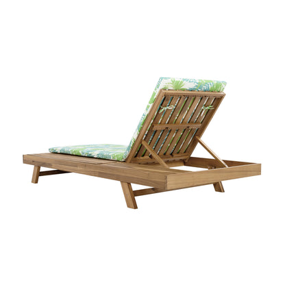 Lounge Chaise in brown acacia wood with leaf coconut cushions 2in thick, water resistant on Tampa Home & Garden Store