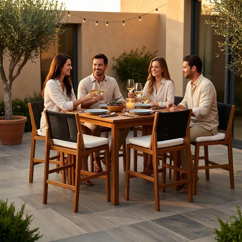 4-piece Arly Black outdoor bar stools in solid acacia wood with black woven wicker backs on Tampa Home & Garden Store