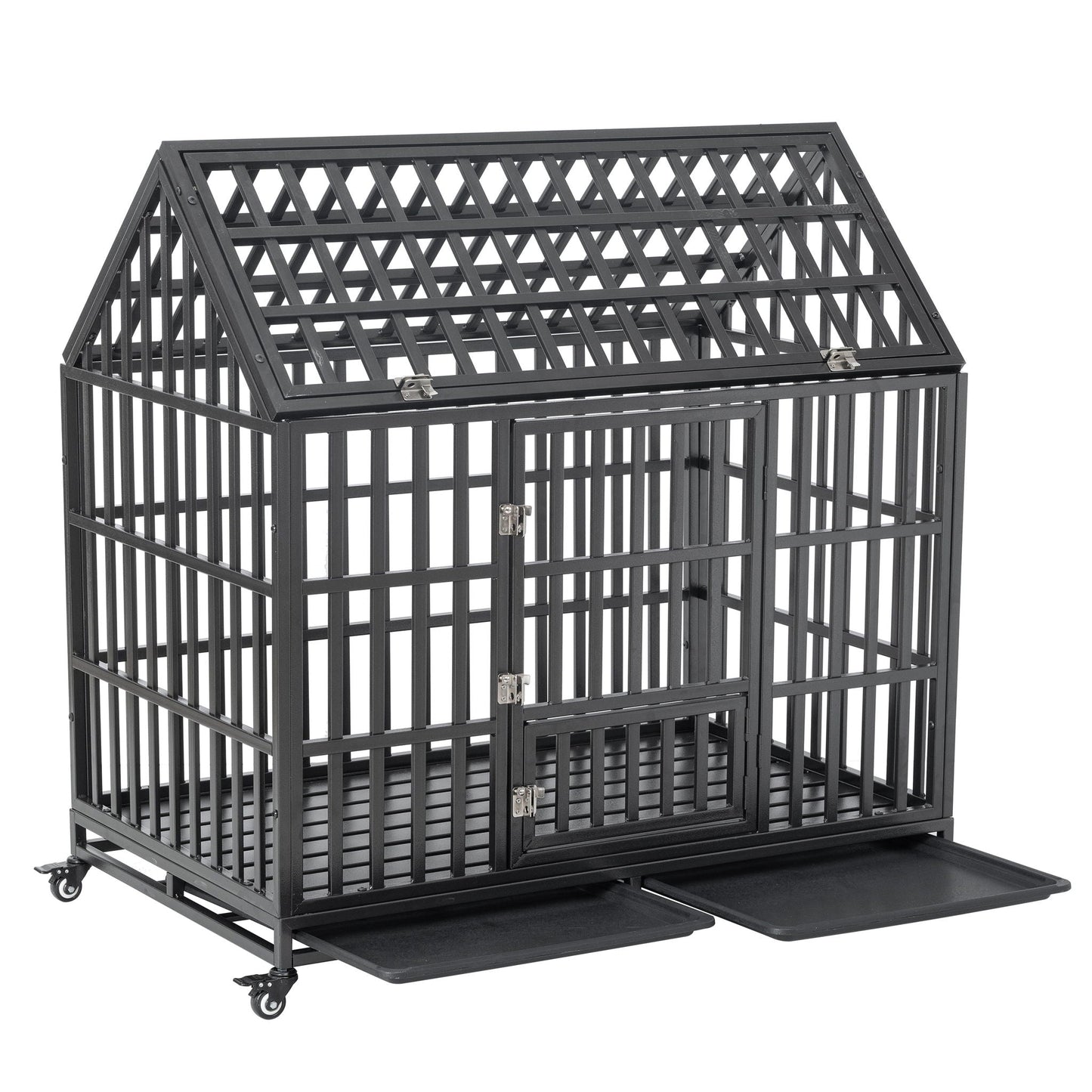 Heavy Duty Dog Crate lockable wheels black metal cage on casters with sliding tray HouseOfZazla on Tampa Home & Garden Store
