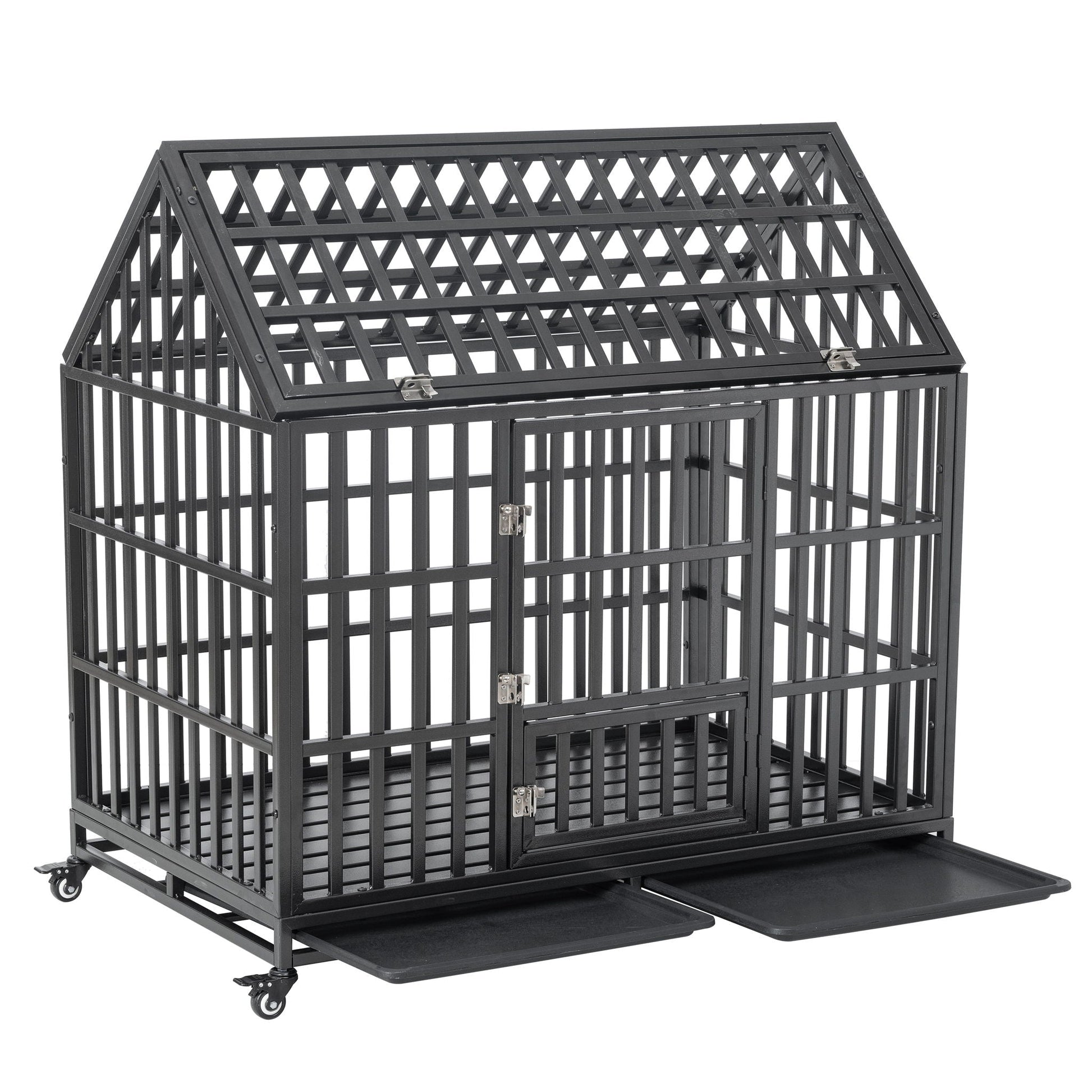 Heavy Duty Dog Crate lockable wheels black metal cage on casters with sliding tray HouseOfZazla on Tampa Home & Garden Store