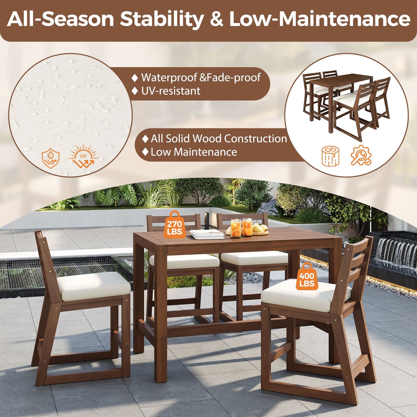 Patio Bar Set with Ergonomic Chairs, 5-piece wood dining set with cushions on Tampa Home & Garden Store