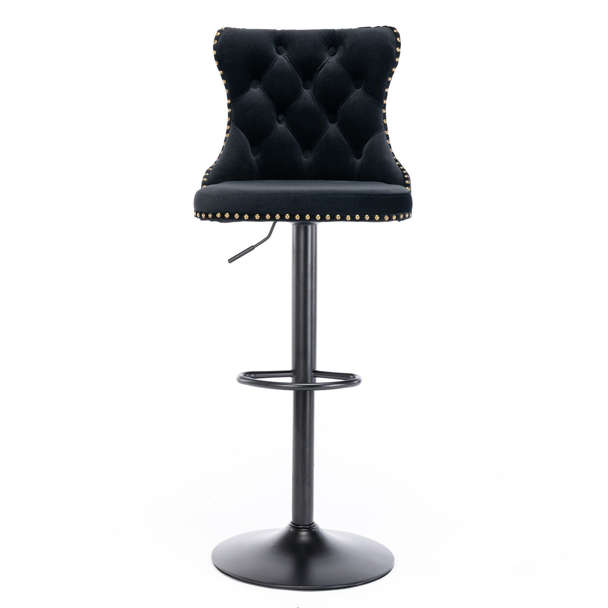 Swivel bar stools set of 2 with tufted black upholstery, gold nailhead trim, adjustable height on Tampa Home & Garden Store