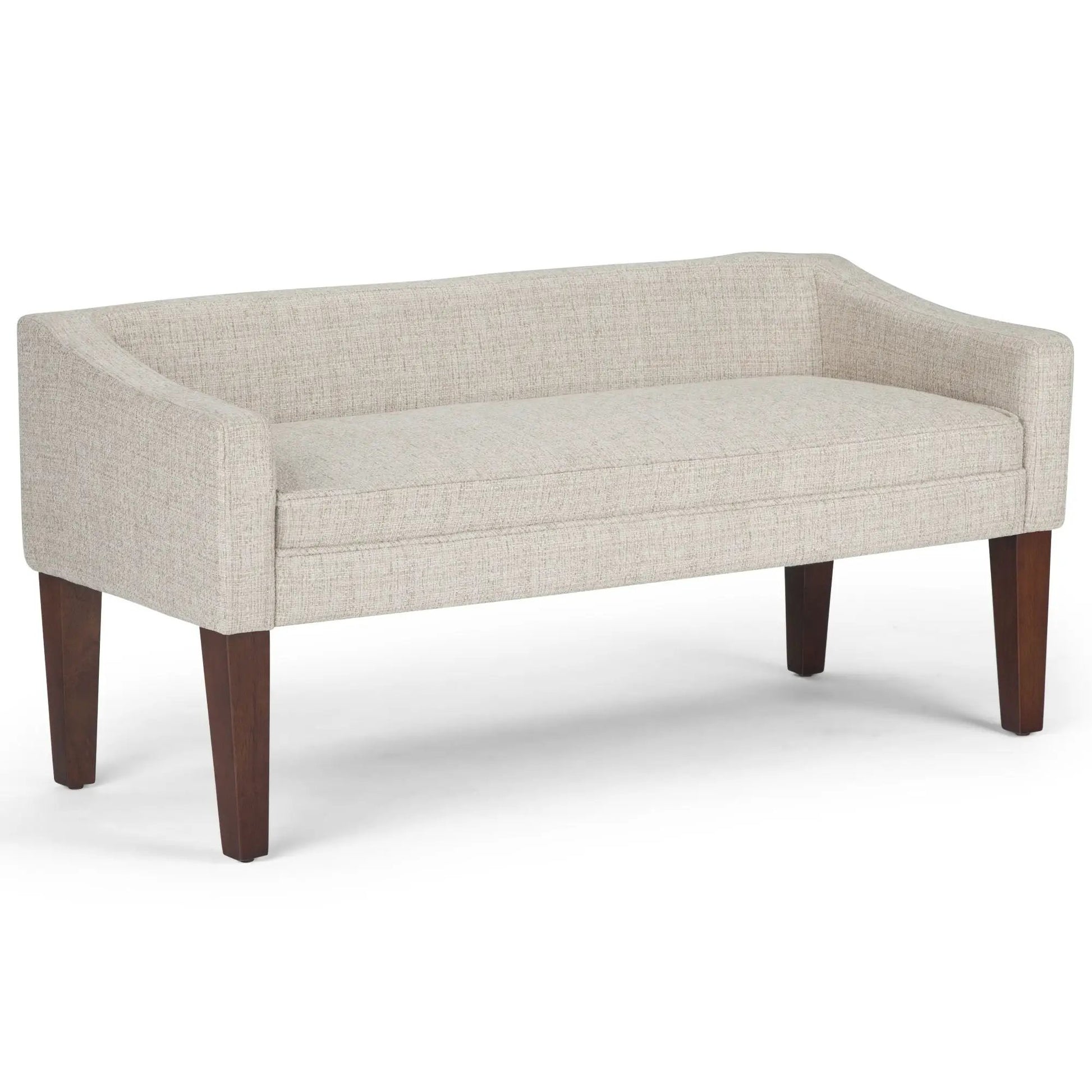 Parris Contemporary Upholstered Bench in beige fabric with curved arms and dark wood legs on Tampa Home & Garden Store