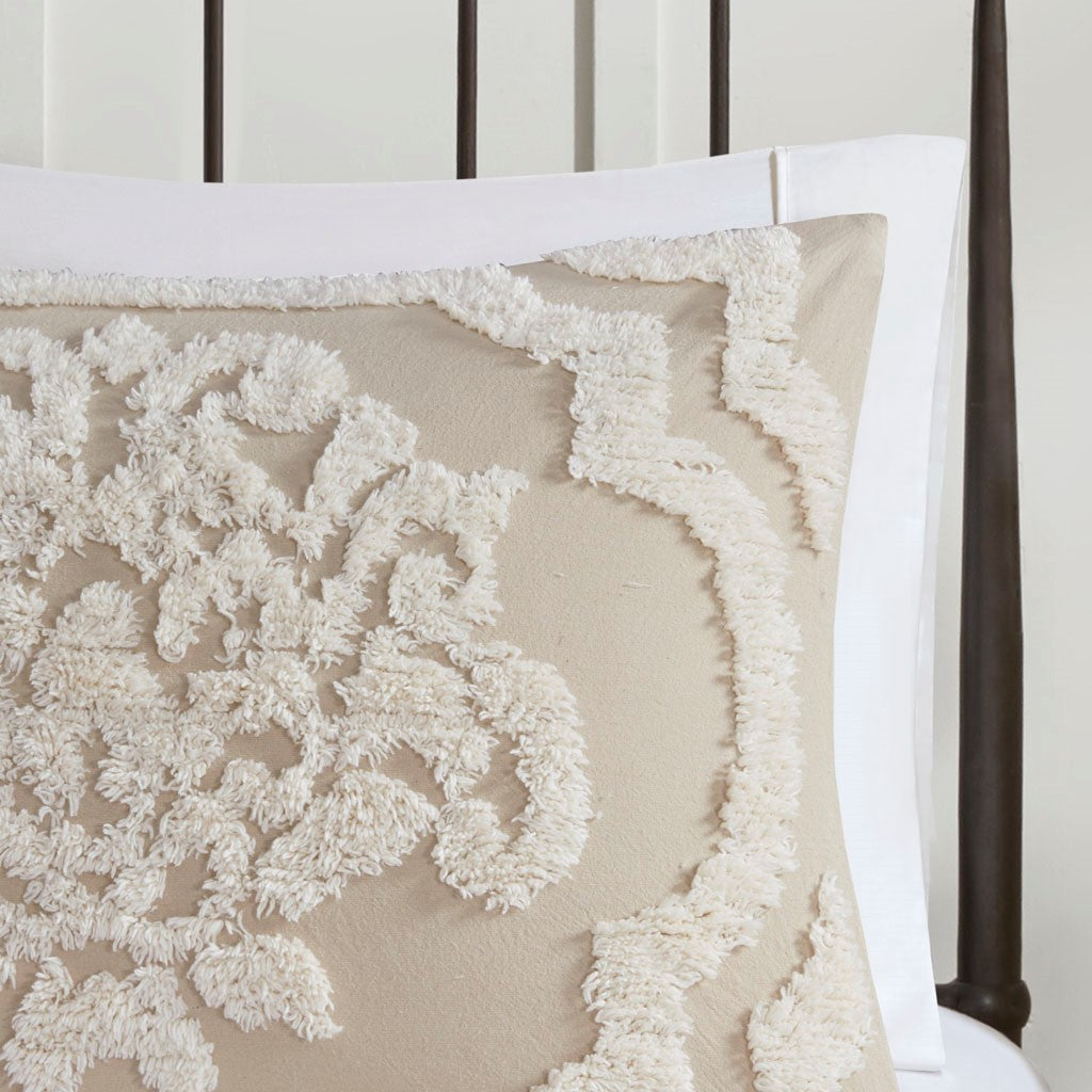 King/Cal King tufted cotton chenille damask duvet cover set in beige with raised embroidery on Tampa Home & Garden Store