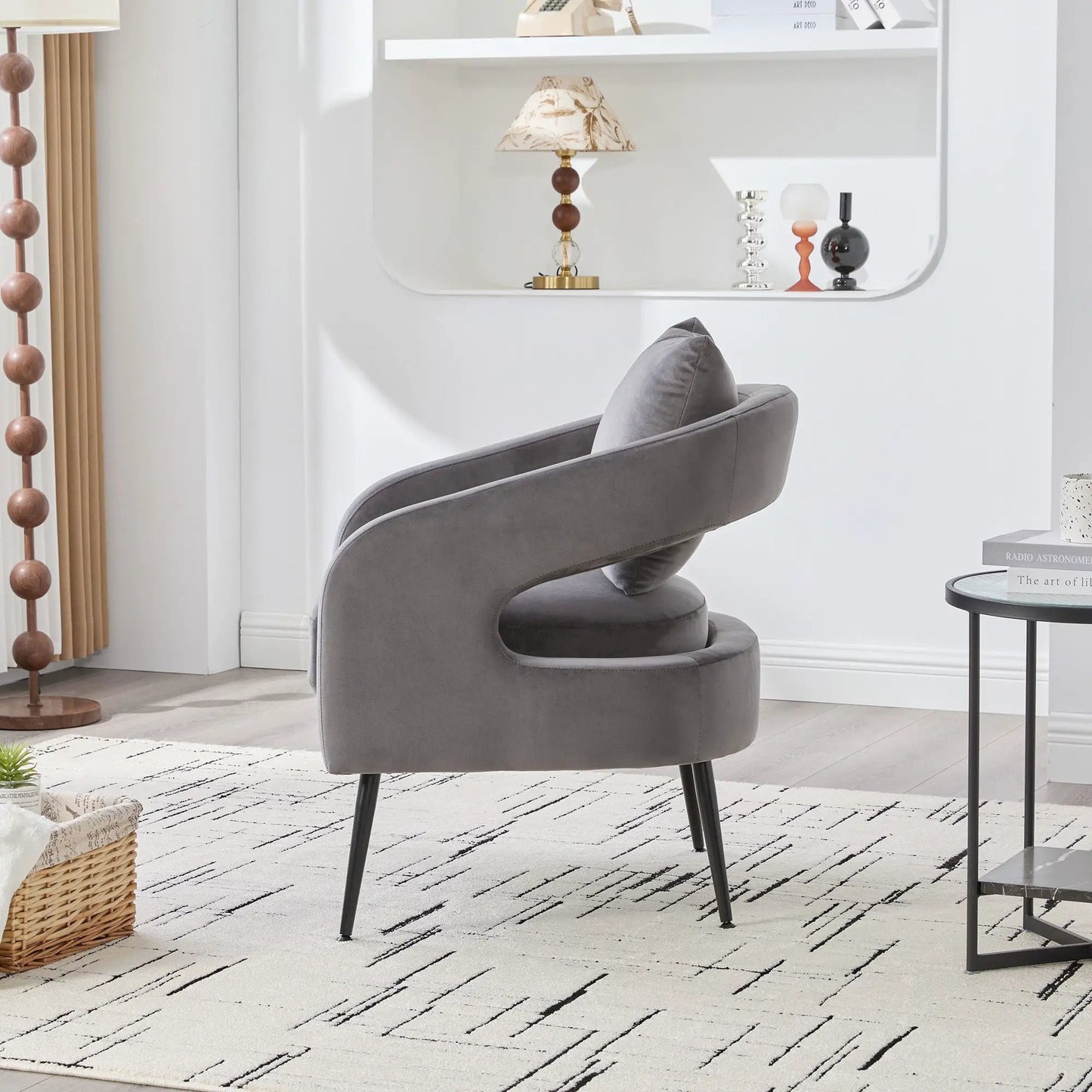 Open Back Accent Chair gray rounded lounge armchair with plush fabric and black metal legs by Unique Piece Furniture on Tampa Home & Garden Store
